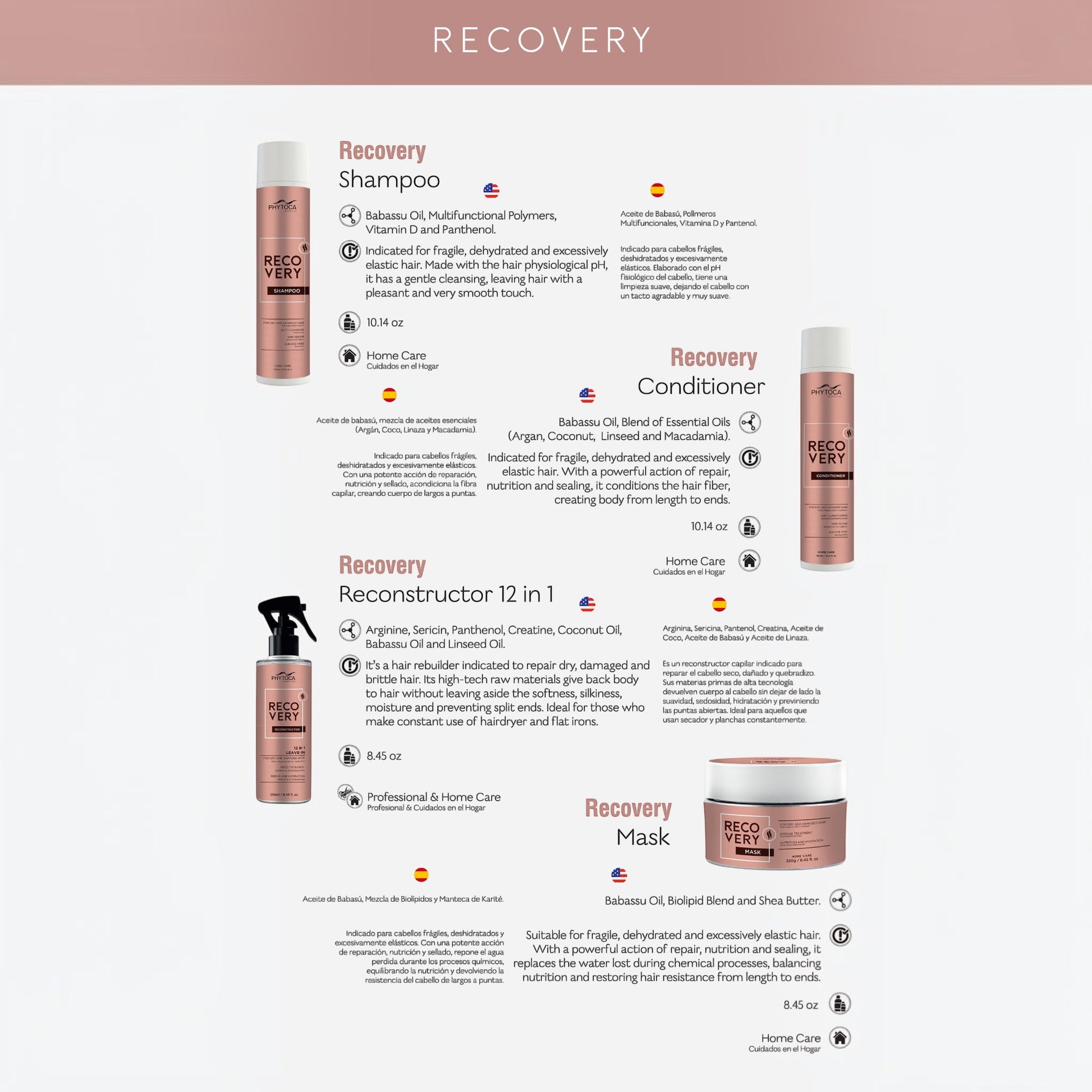 Kit de cuidado capilar Phytoca USA Recovery con champú, acondicionador, reconstructor 12 en 1 y mascarilla reparadora