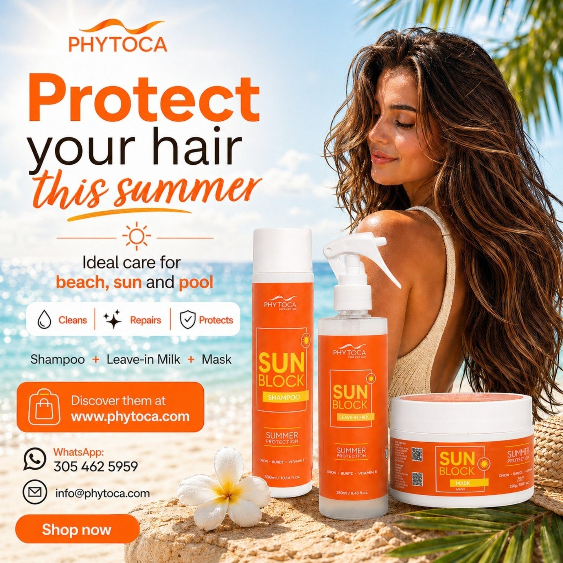 Set de cuidado capilar Phytoca USA Sun Block con champú, leave-in y mascarilla para proteger el cabello del sol