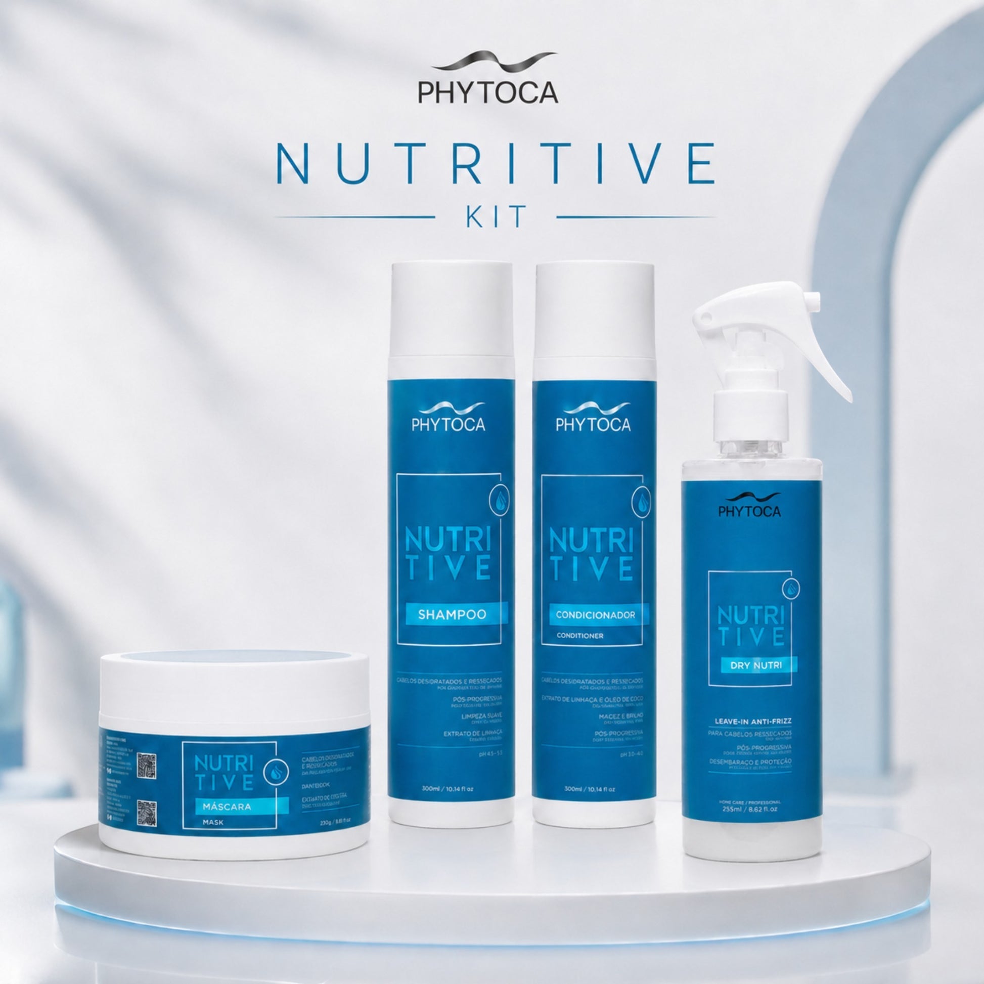 Kit de cuidado capilar Phytoca USA Nutritive con champú, acondicionador, mascarilla y spray leave-in para cabello seco.