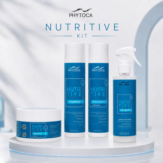 Kit de cuidado capilar Phytoca USA Nutritive con champú, acondicionador, mascarilla y spray leave-in para cabello seco.