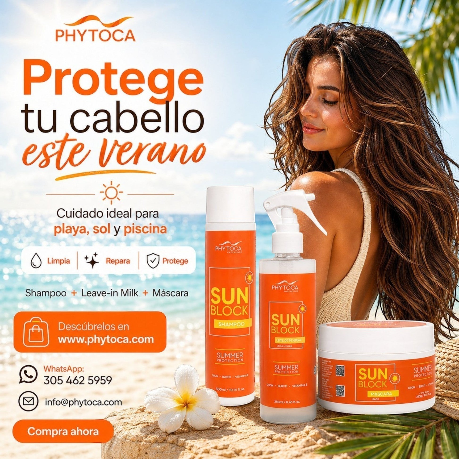 Kit Phytoca USA SunBlock con champú, leave-in y mascarilla para proteger el cabello del sol, la playa y la piscina.