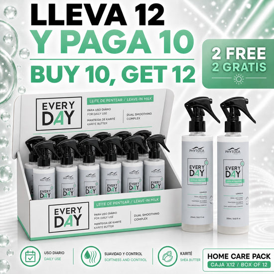 Pack de 12 unidades de Phytoca USA Every Day Leave-In Milk, protector térmico hidratante con manteca de karité.