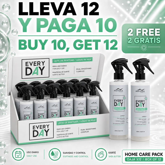 Pack de 12 unidades de Phytoca USA Every Day Leave-In Milk, protector térmico hidratante con manteca de karité.