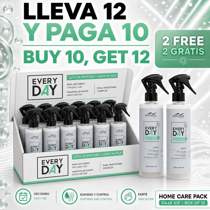 Pack de 12 unidades de Phytoca USA Every Day Leave-In Milk, protector térmico hidratante con manteca de karité.