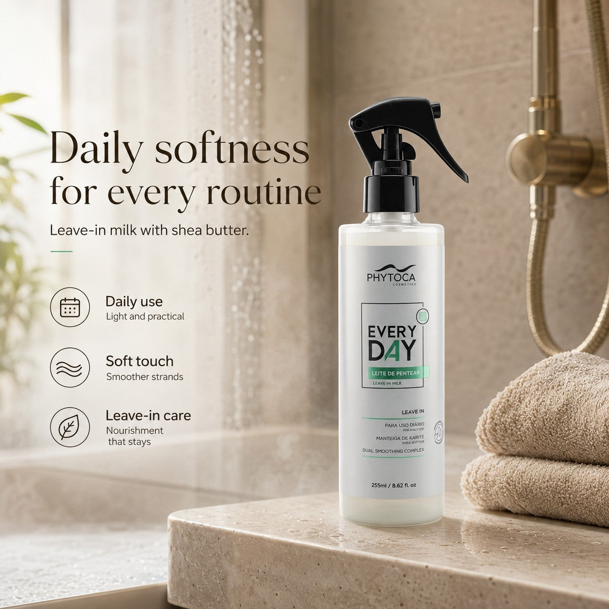 Spray Phytoca USA Every Day Leave-in Milk con manteca de karité para hidratación y protección térmica del cabello