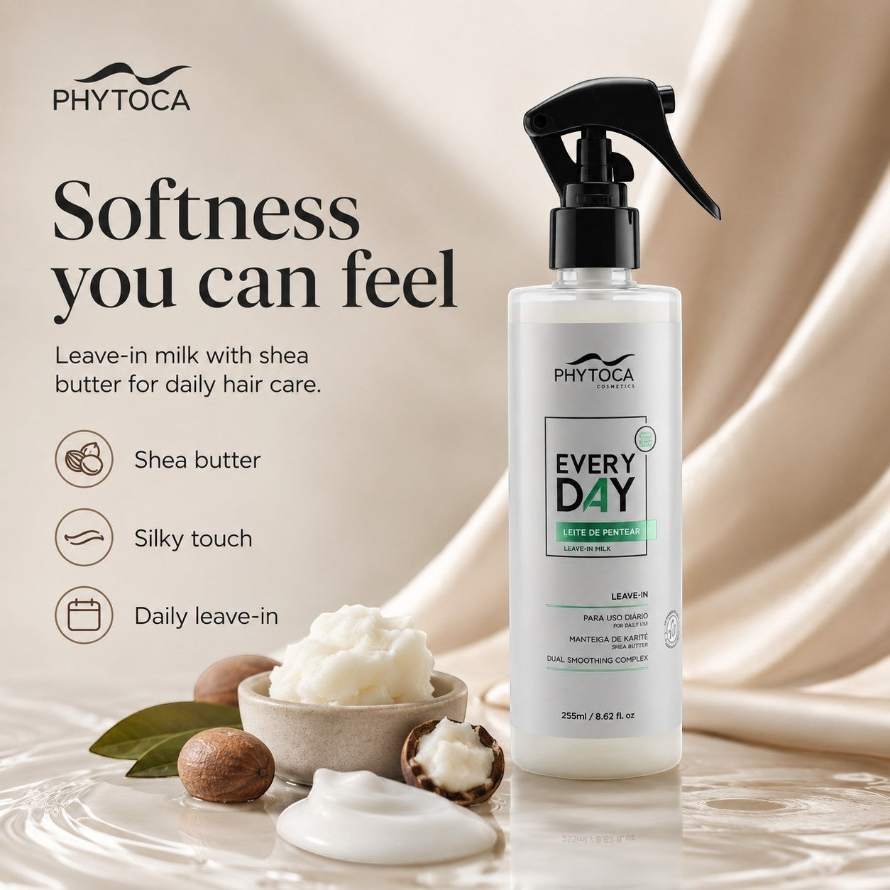 Spray Phytoca USA Every Day Leave-In Milk con manteca de karité para hidratación, protección térmica y control frizz