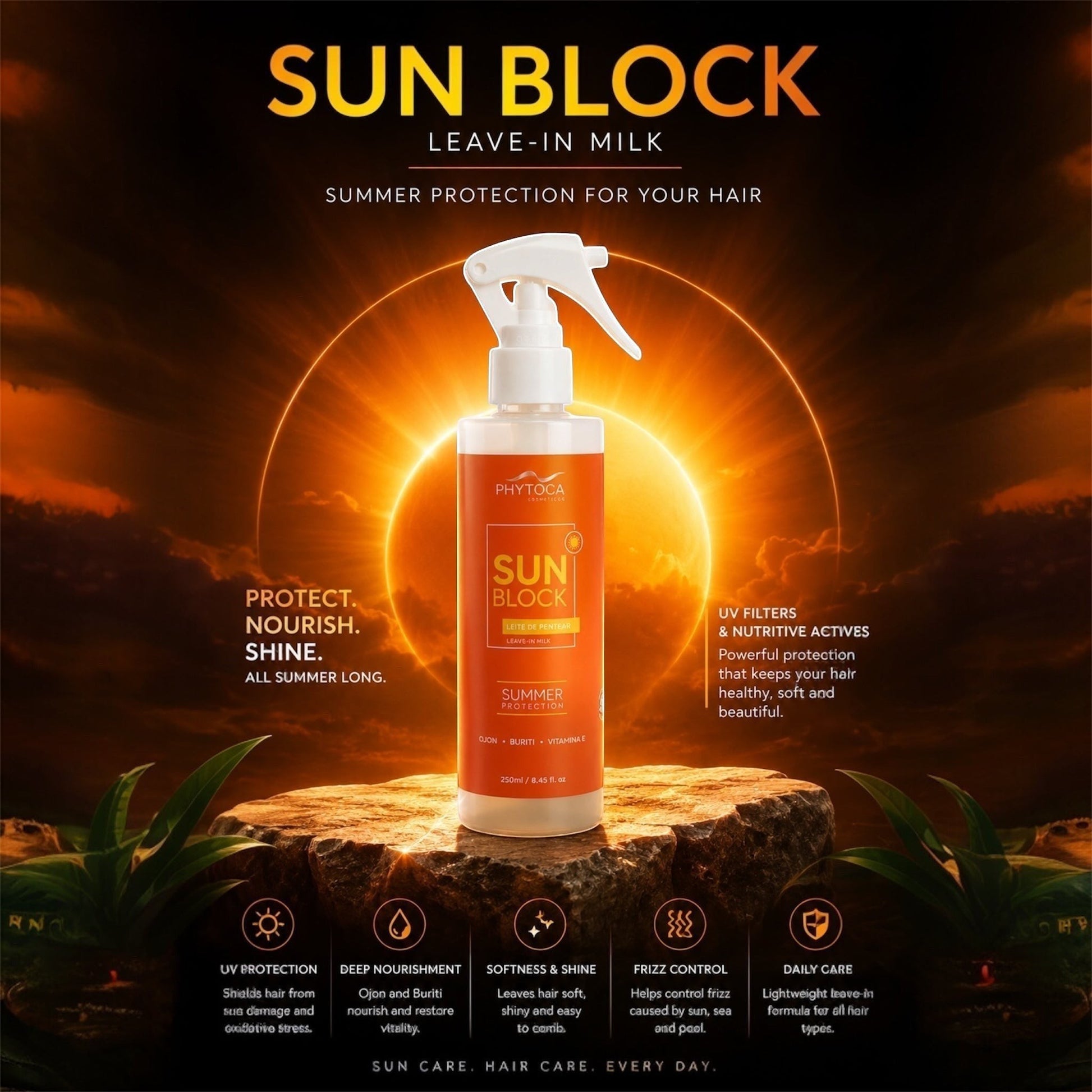 Leche capilar protectora Phytoca USA Sun Block con aceite de Ojon y Buriti para proteger el cabello del sol y cloro