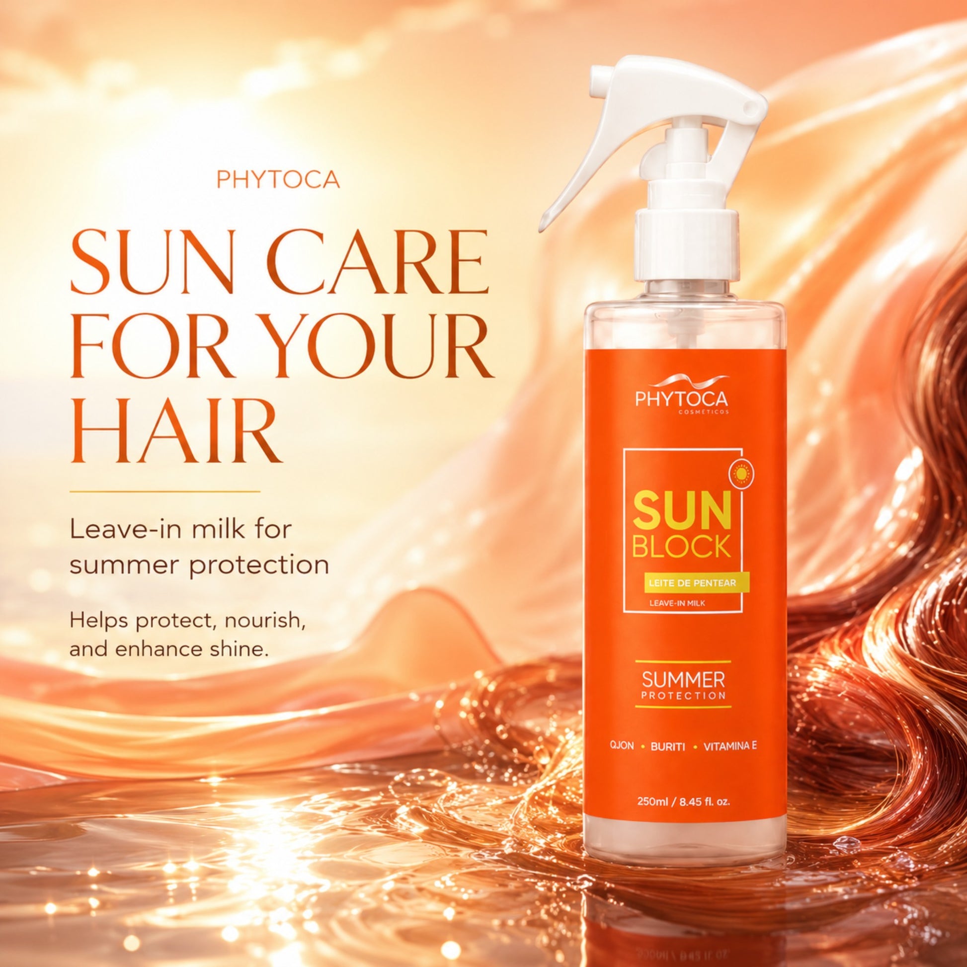Leche capilar protectora Phytoca USA Sun Block con aceite de ojon y vitamina E para proteger el cabello del sol