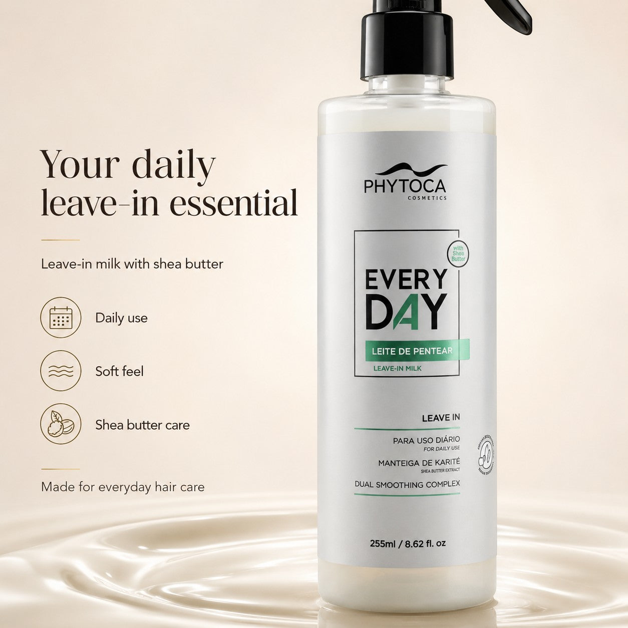 Phytoca USA Every Day Leave-in Milk con manteca de karité para protección térmica y control del encrespamiento