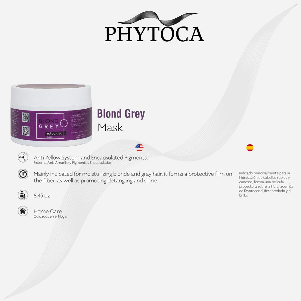 Mascarilla capilar Phytoca USA Blond Grey para matizar tonos amarillentos en cabellos rubios y canosos con pigmentos.
