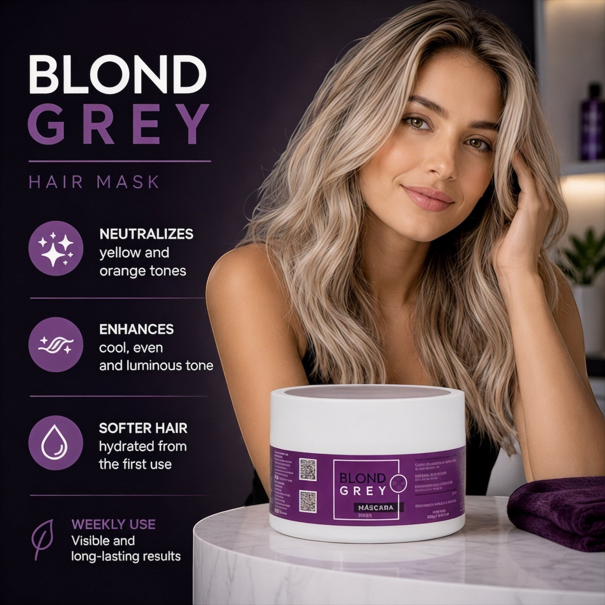 Mascarilla capilar Phytoca USA Blond Grey para neutralizar tonos amarillos en cabello rubio y gris con modelo sonriente