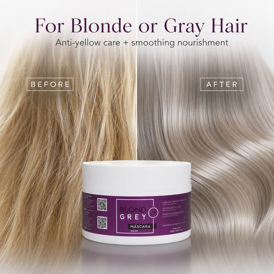 Phytoca USA Blond Grey Mask para cabello rubio o gris, mostrando resultados de antes y después con tonos platinados.