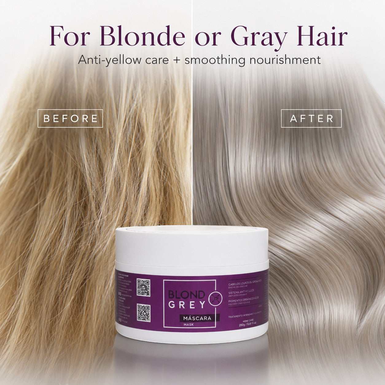 Phytoca USA Blond Grey Mask para cabello rubio o gris, mostrando resultados de antes y después con tonos platinados.