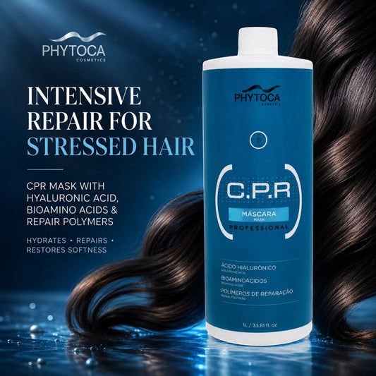 Mascarilla capilar profesional Phytoca USA C.P.R para reparar cabello dañado con ácido hialurónico y aminoácidos.