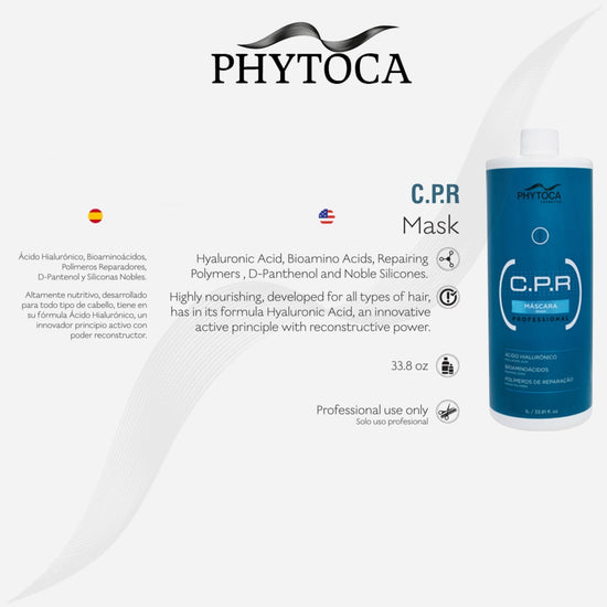 Mascarilla capilar reconstructora Phytoca USA C.P.R de 1 litro con ácido hialurónico para reparar cabello dañado.
