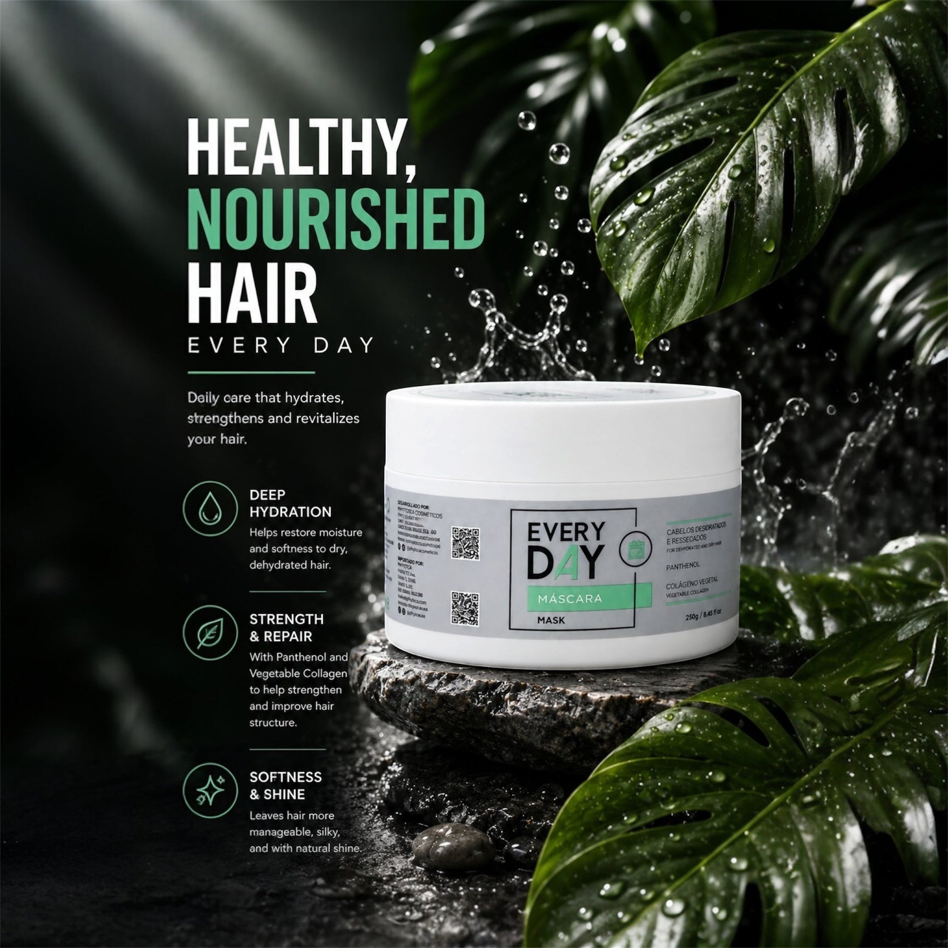 Mascarilla capilar Phytoca USA Every Day en tarro blanco sobre roca rodeada de hojas tropicales y gotas de agua