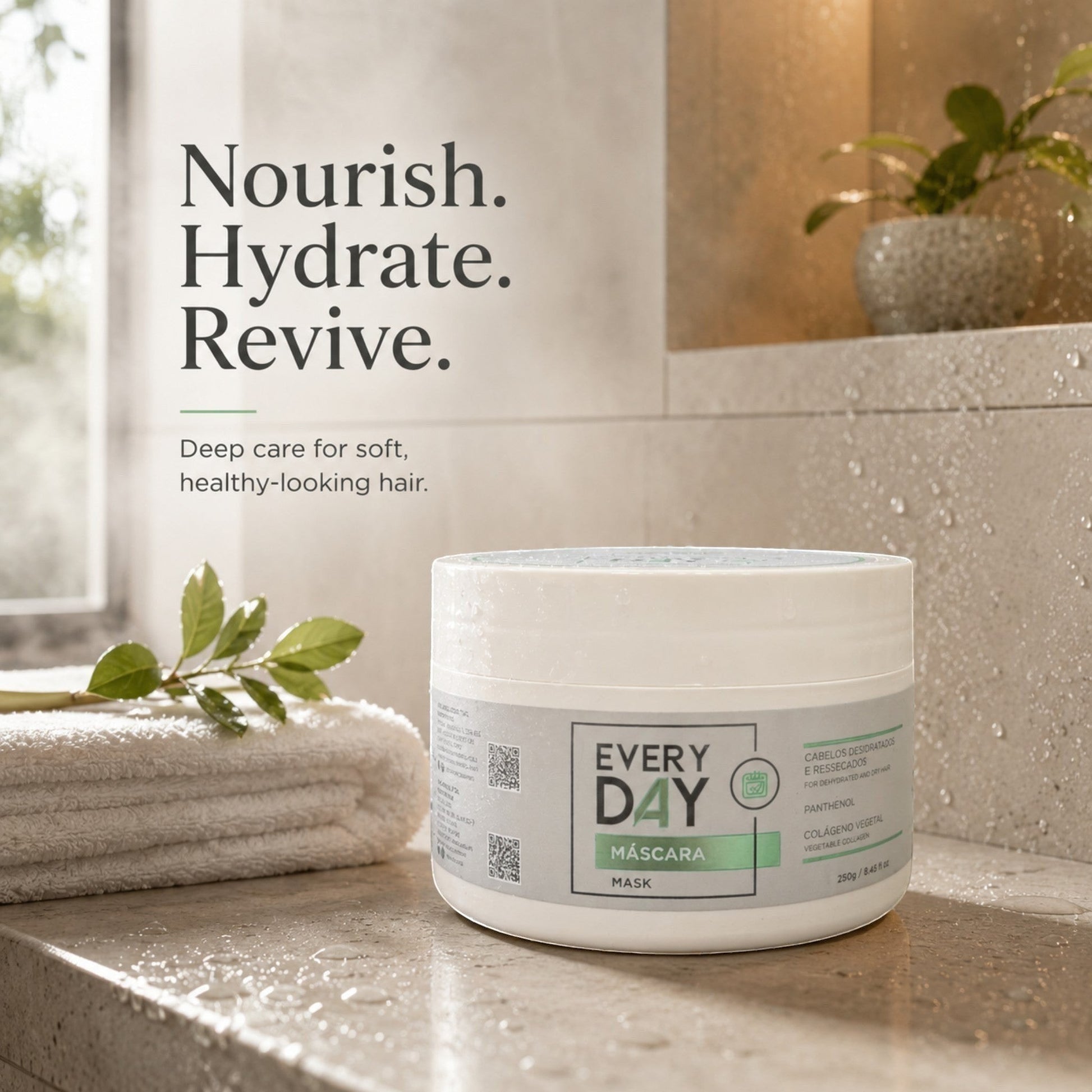 Mascarilla capilar Phytoca USA Every Day en envase blanco sobre superficie de piedra con toalla y planta