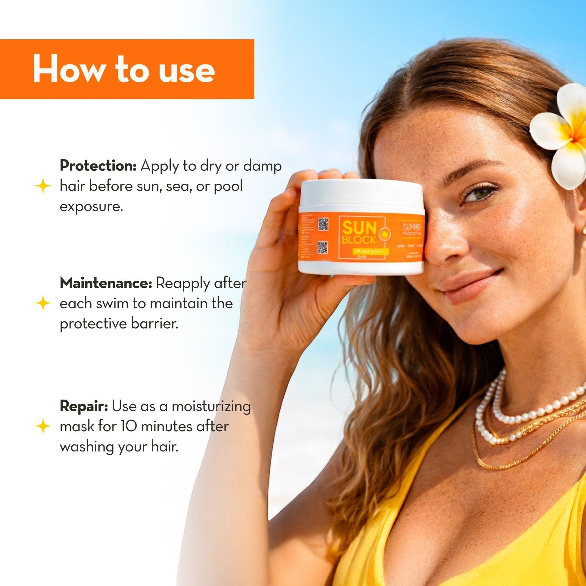 Mujer sonriente sosteniendo la mascarilla capilar Phytoca USA Sun Block en un entorno de playa soleado