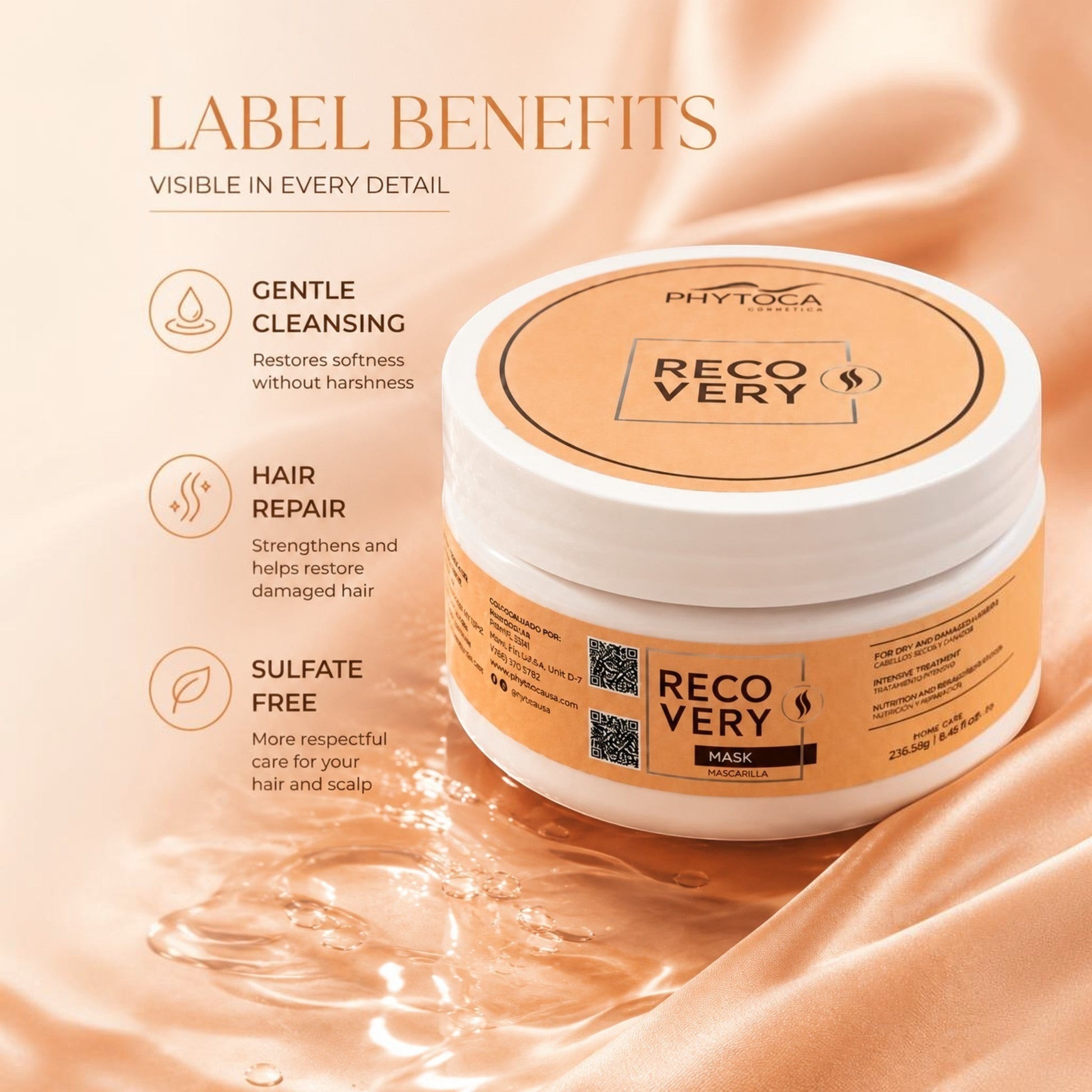 Mascarilla capilar Phytoca USA Recovery en tarro blanco con etiqueta naranja sobre fondo de seda suave
