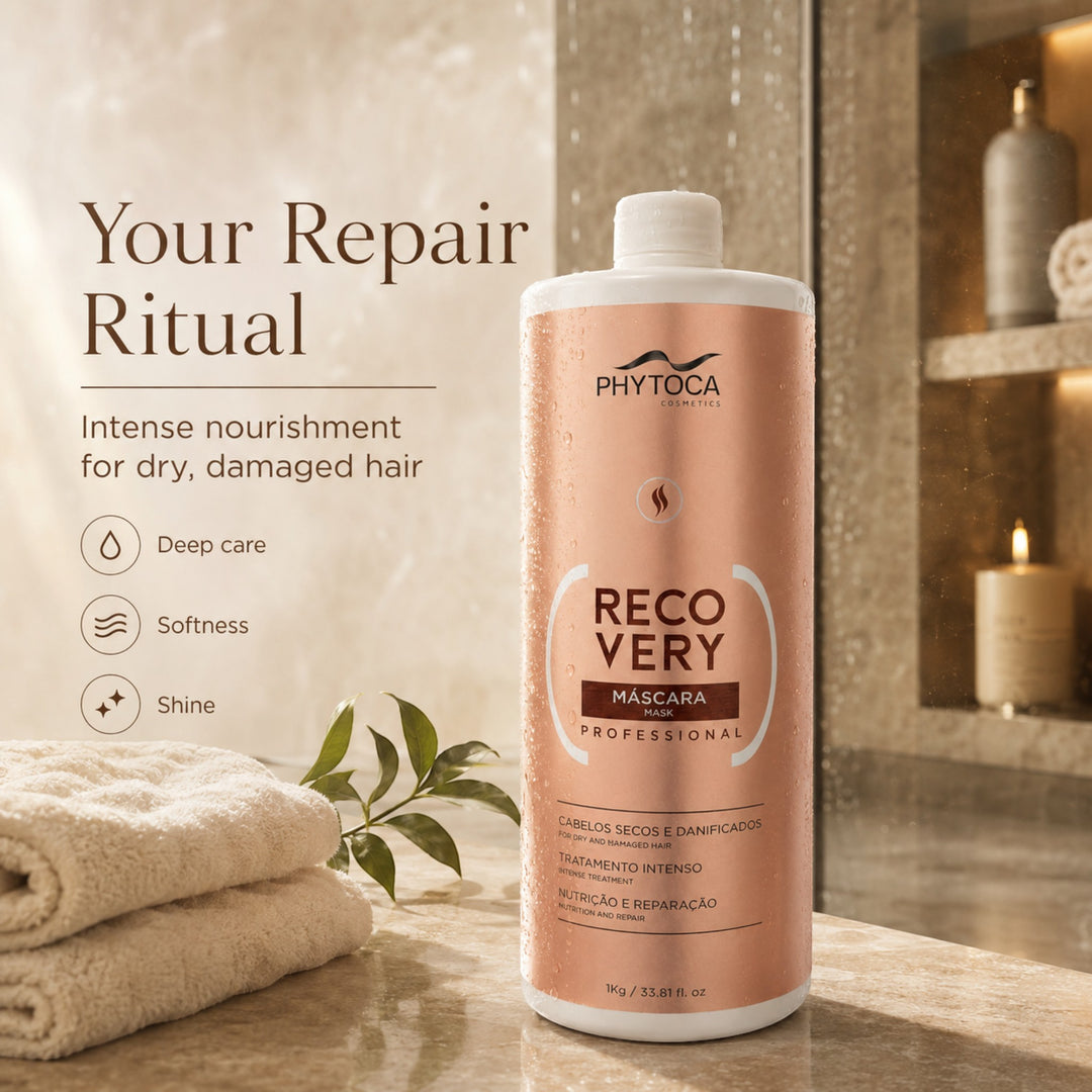Mascarilla capilar Phytoca USA Recovery de 32 oz para reparar profundamente el cabello seco y dañado en un baño.