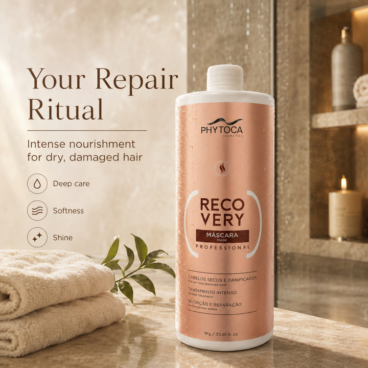 Mascarilla capilar Phytoca USA Recovery de 32 oz para reparar profundamente el cabello seco y dañado en un baño.