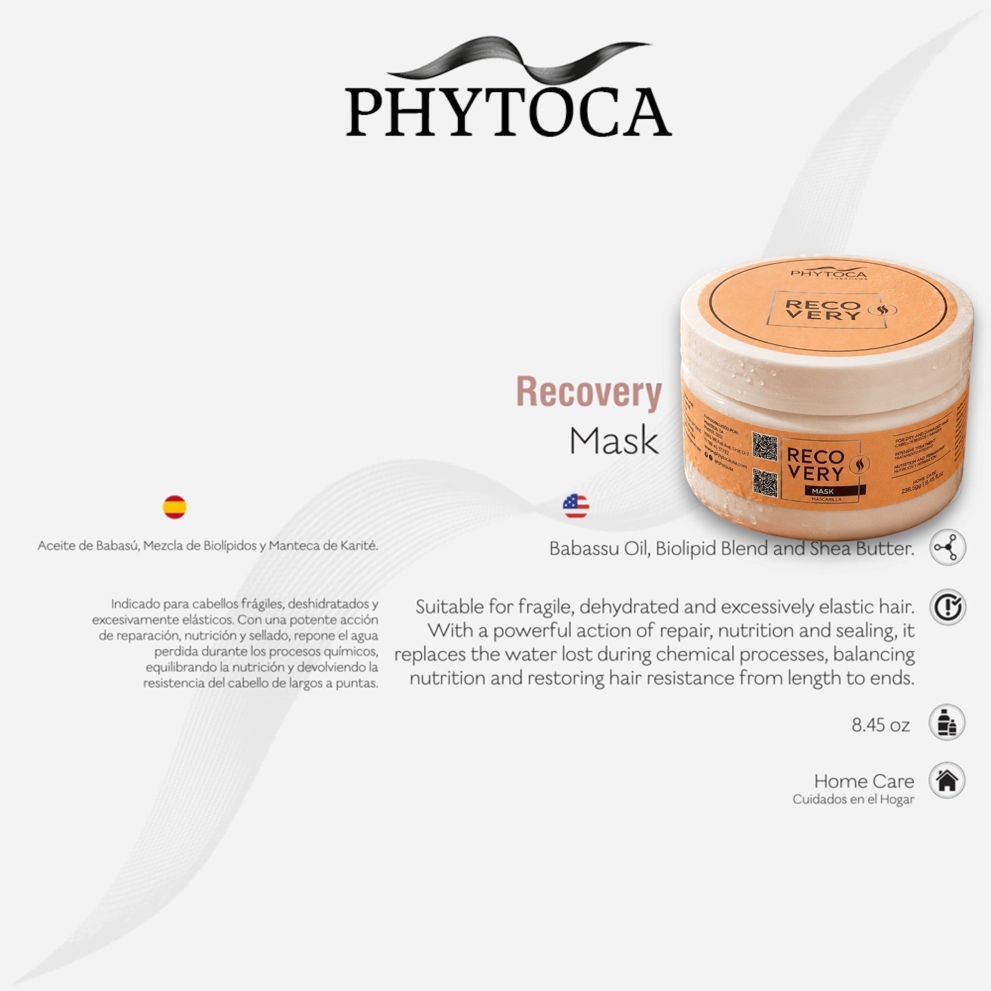 Mascarilla capilar reparadora Phytoca USA Recovery Mask en tarro redondo para cabello dañado y deshidratado