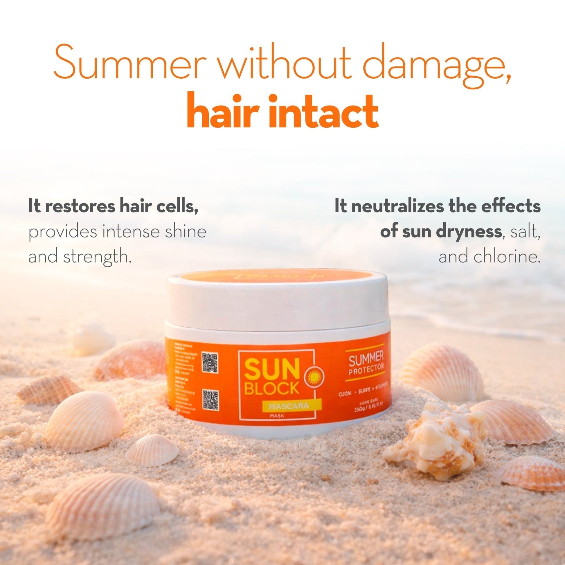 Mascarilla capilar Phytoca USA Sun Block en un tarro naranja sobre arena de playa con conchas marinas