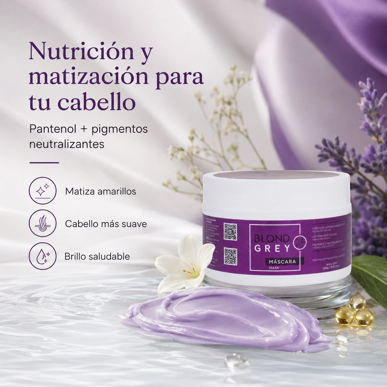 Mascarilla capilar Blond Grey de Phytoca USA para matizar tonos amarillos en cabellos rubios y grises con brillo