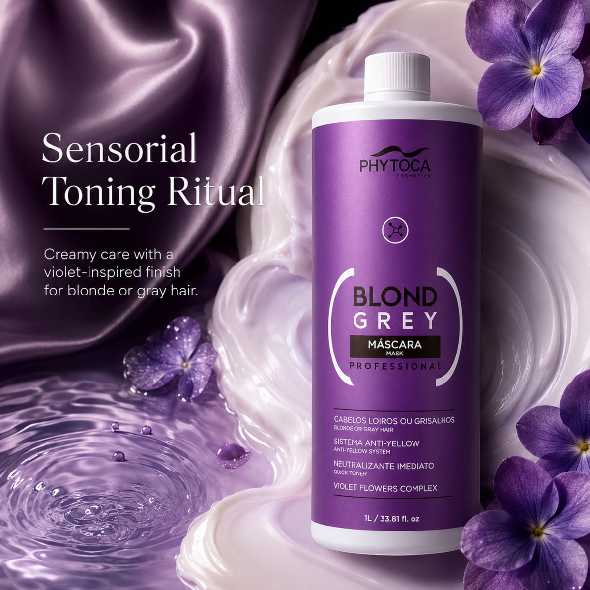 Mascarilla matizadora Phytoca USA Blond Grey de 1L para cabellos rubios y grises con pigmentos violetas y flores.