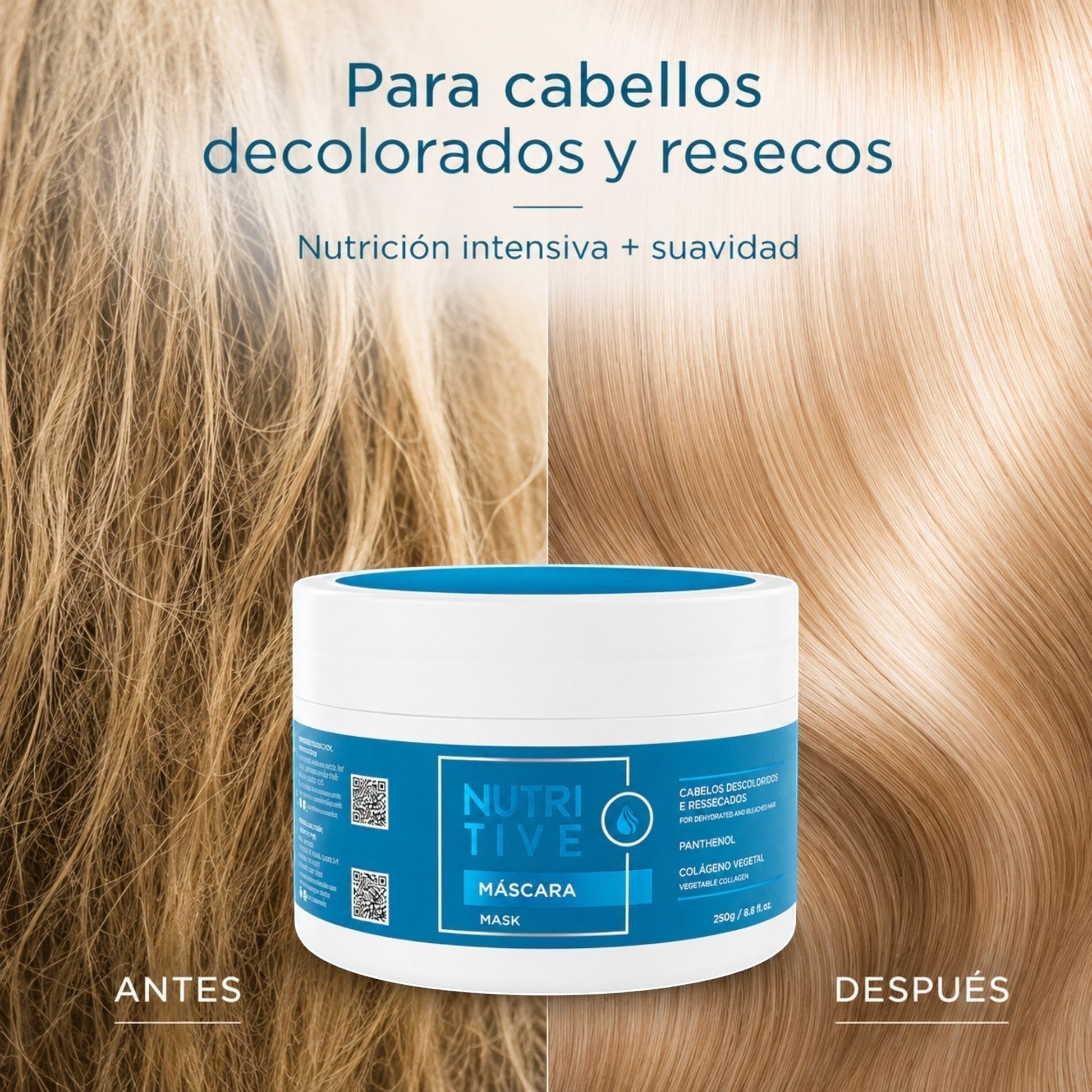 Mascarilla capilar Phytoca USA Nutritive para cabello seco y decolorado, mostrando resultados de antes y después.