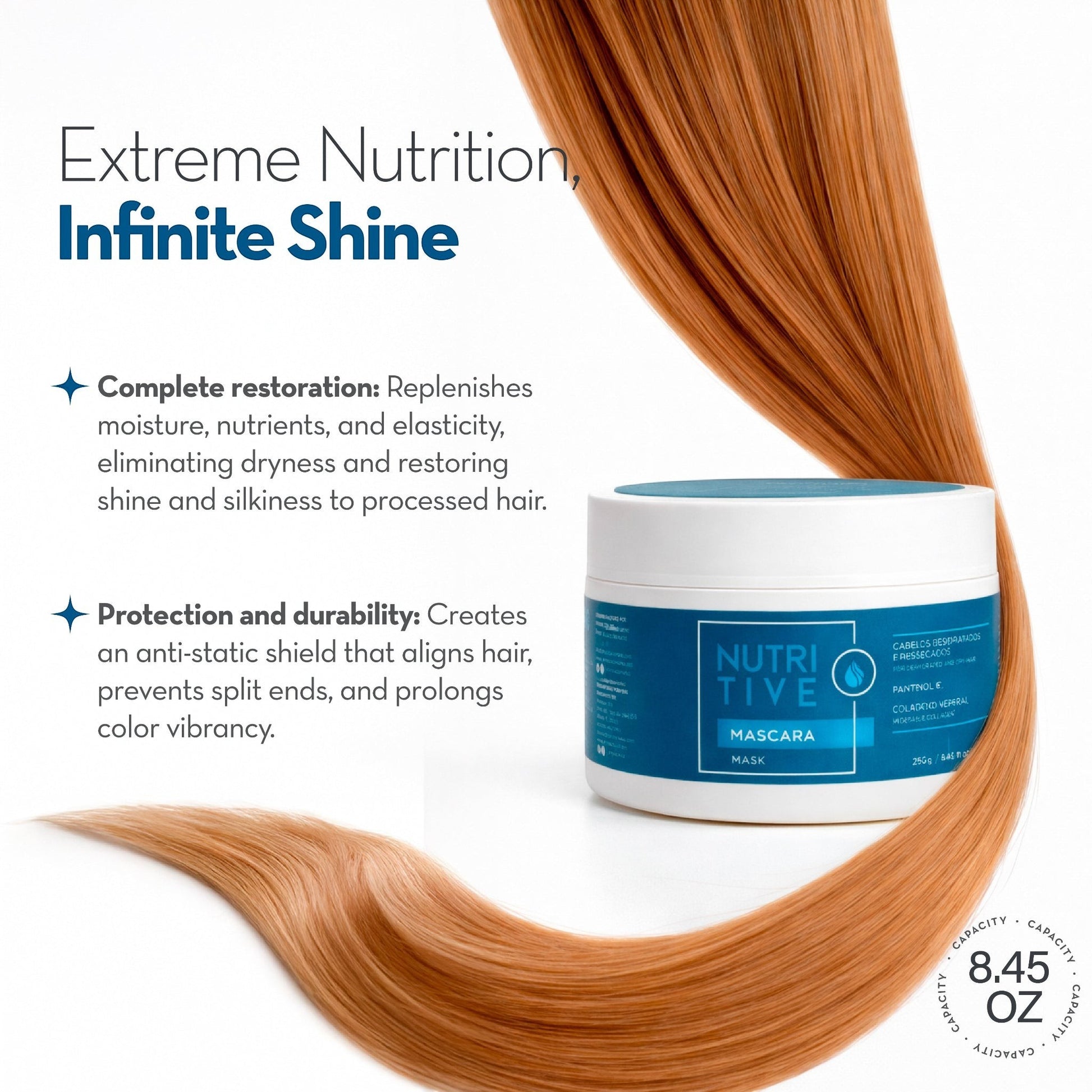 Mascarilla capilar Phytoca USA Nutritive en tarro blanco con azul junto a un mechón de cabello largo y brillante