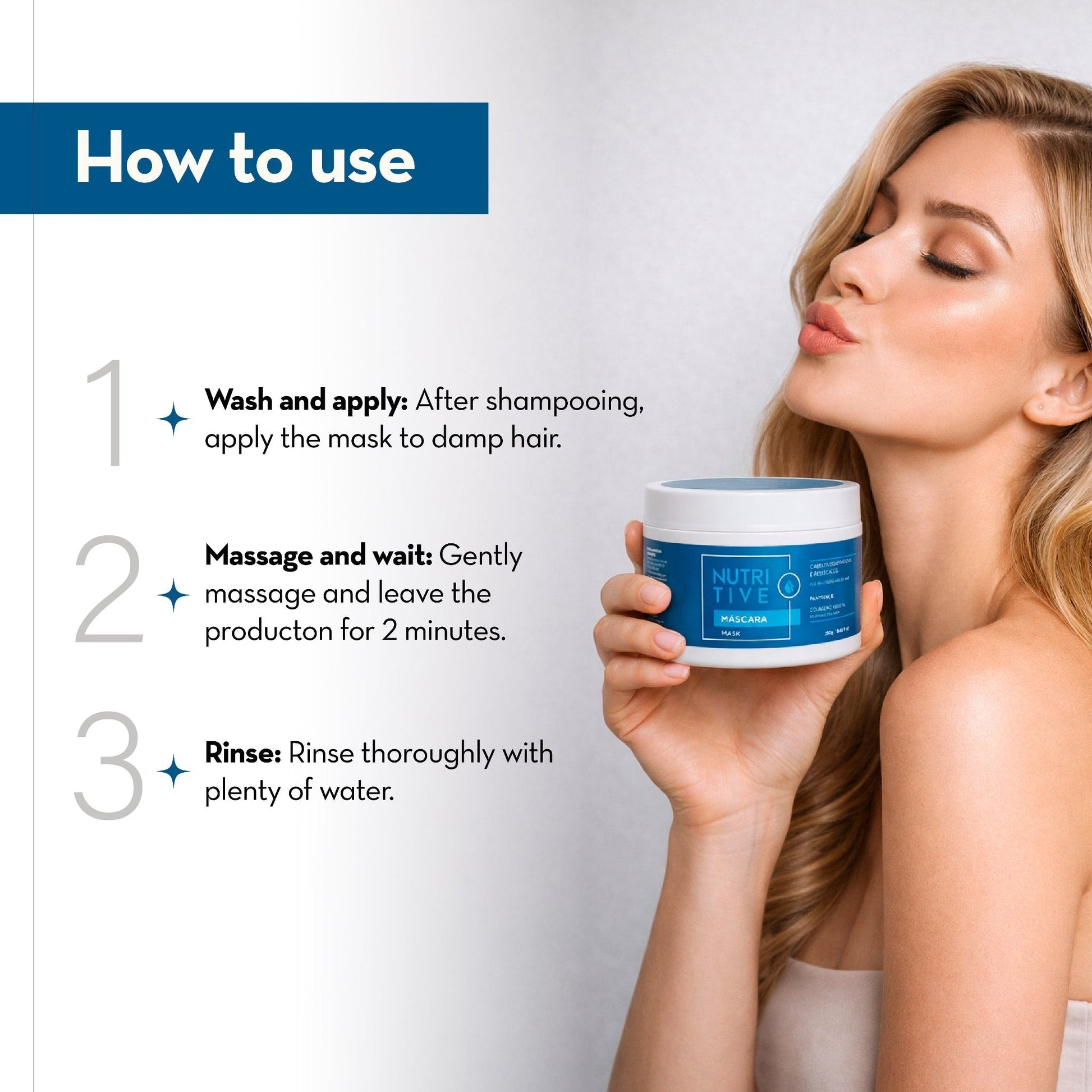 Mujer rubia sosteniendo el tarro de Phytoca USA Nutritive Mask con instrucciones de uso paso a paso