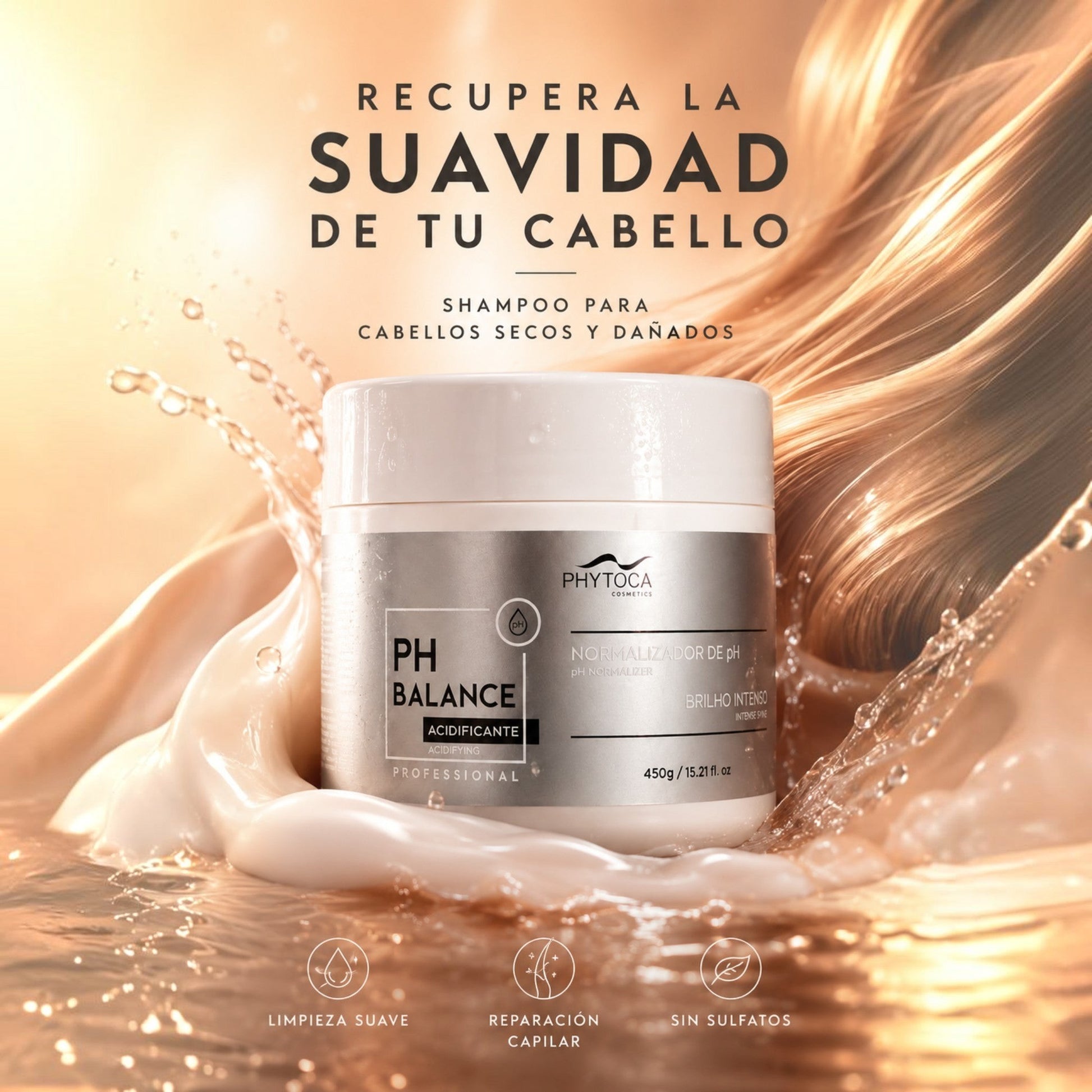 Mascarilla capilar PH Balance de Phytoca USA en tarro plateado sobre fondo de agua brillante para cabello dañado