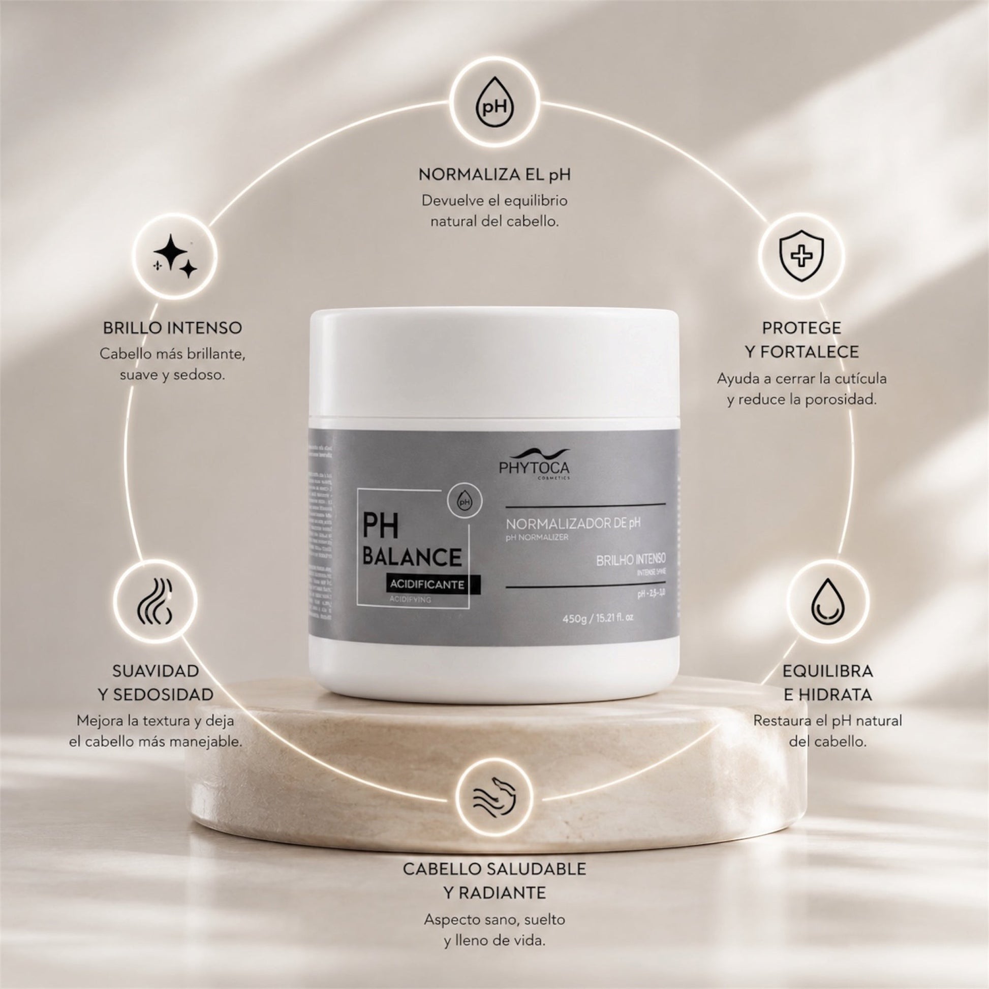 Mascarilla capilar Phytoca USA PH Balance en tarro blanco sobre base de piedra, ideal para hidratar y dar brillo.