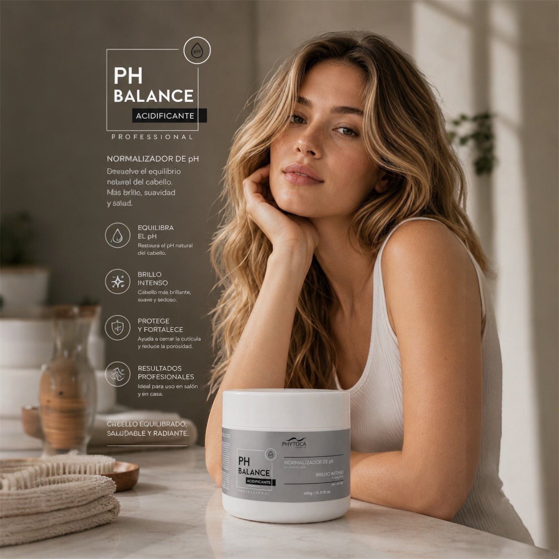 Mujer con cabello brillante junto al tarro de mascarilla capilar PH Balance de Phytoca USA sobre una mesa de mármol.
