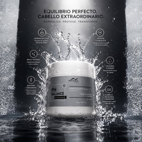 Mascarilla capilar Phytoca USA PH Balance en tarro blanco con efecto de agua salpicada para hidratación y brillo