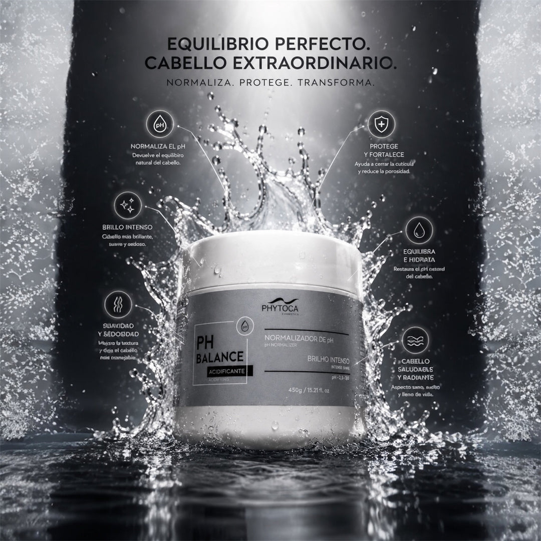 Mascarilla capilar Phytoca USA PH Balance en tarro blanco con efecto de agua salpicada para hidratación y brillo