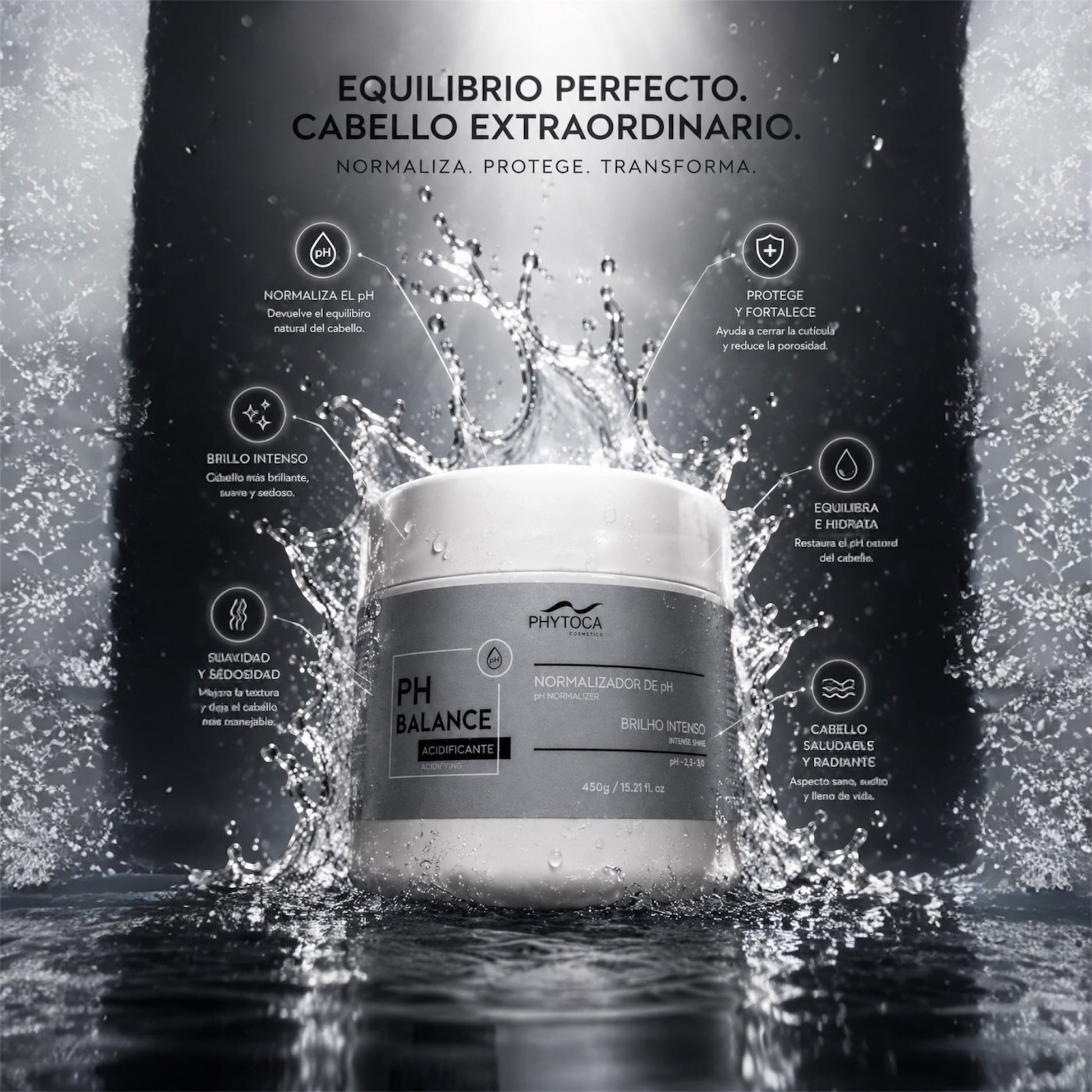 Mascarilla capilar Phytoca USA PH Balance en tarro blanco con efecto de agua salpicada para hidratación y brillo