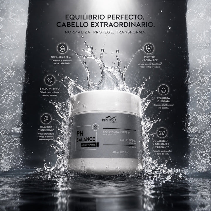 Mascarilla capilar Phytoca USA PH Balance en tarro blanco con efecto de agua salpicada para hidratación y brillo