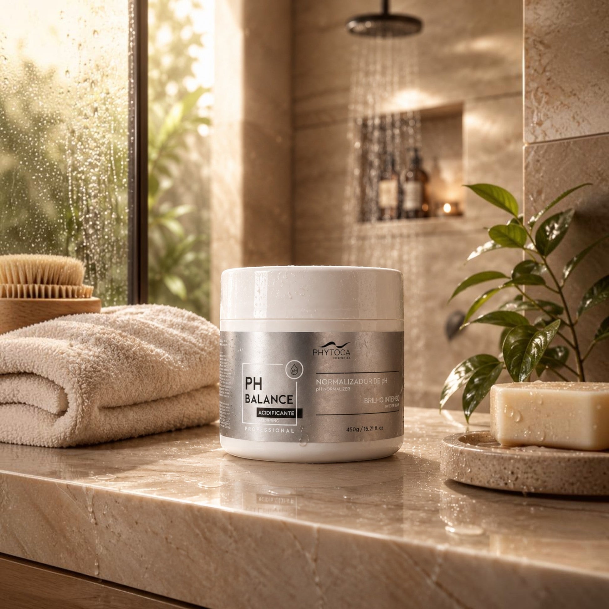 Tarro de mascarilla capilar Phytoca USA PH Balance sobre encimera de mármol en un baño con ducha al fondo