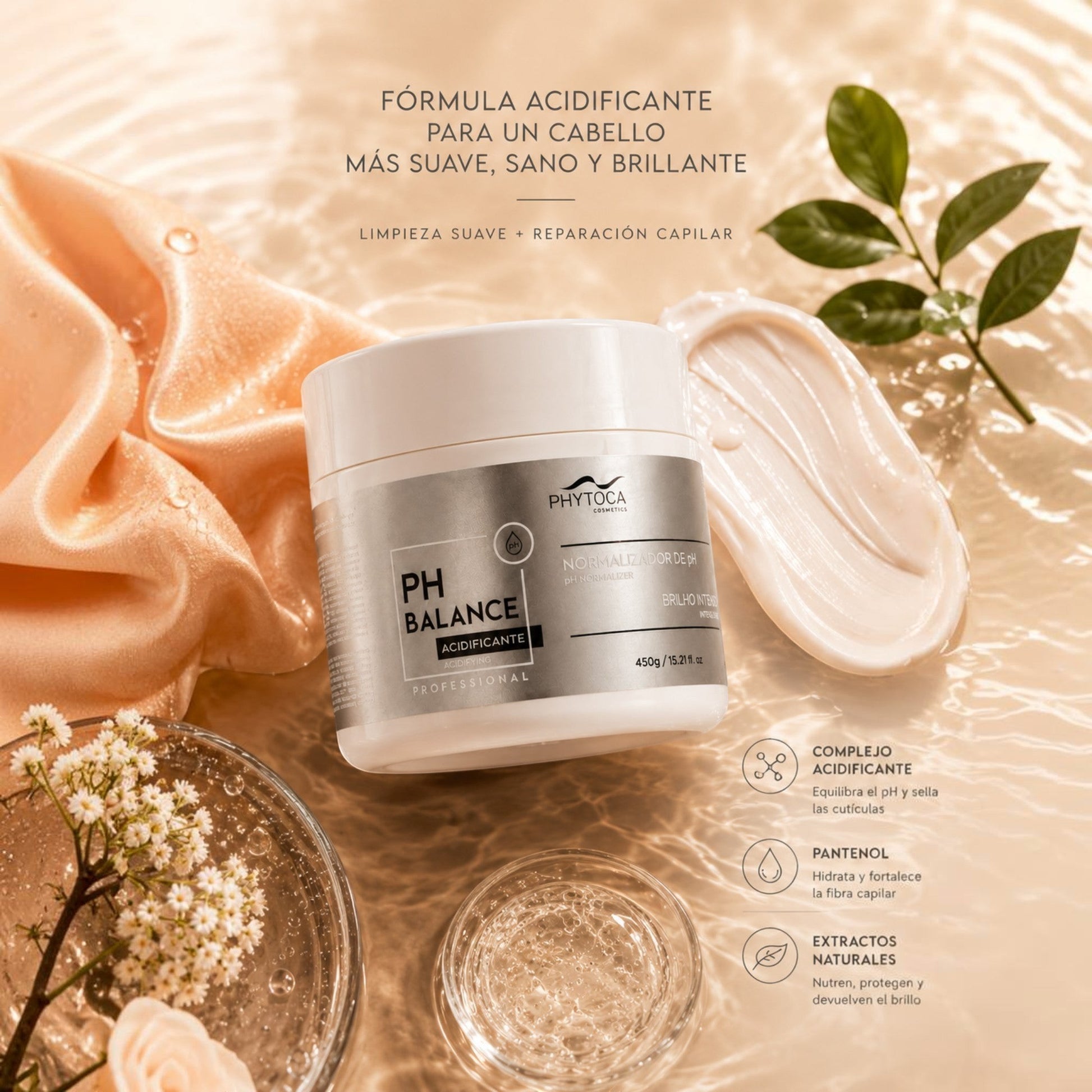 Mascarilla capilar Phytoca USA PH Balance en tarro blanco sobre agua con flores y aceite de macadamia para cabello brillante