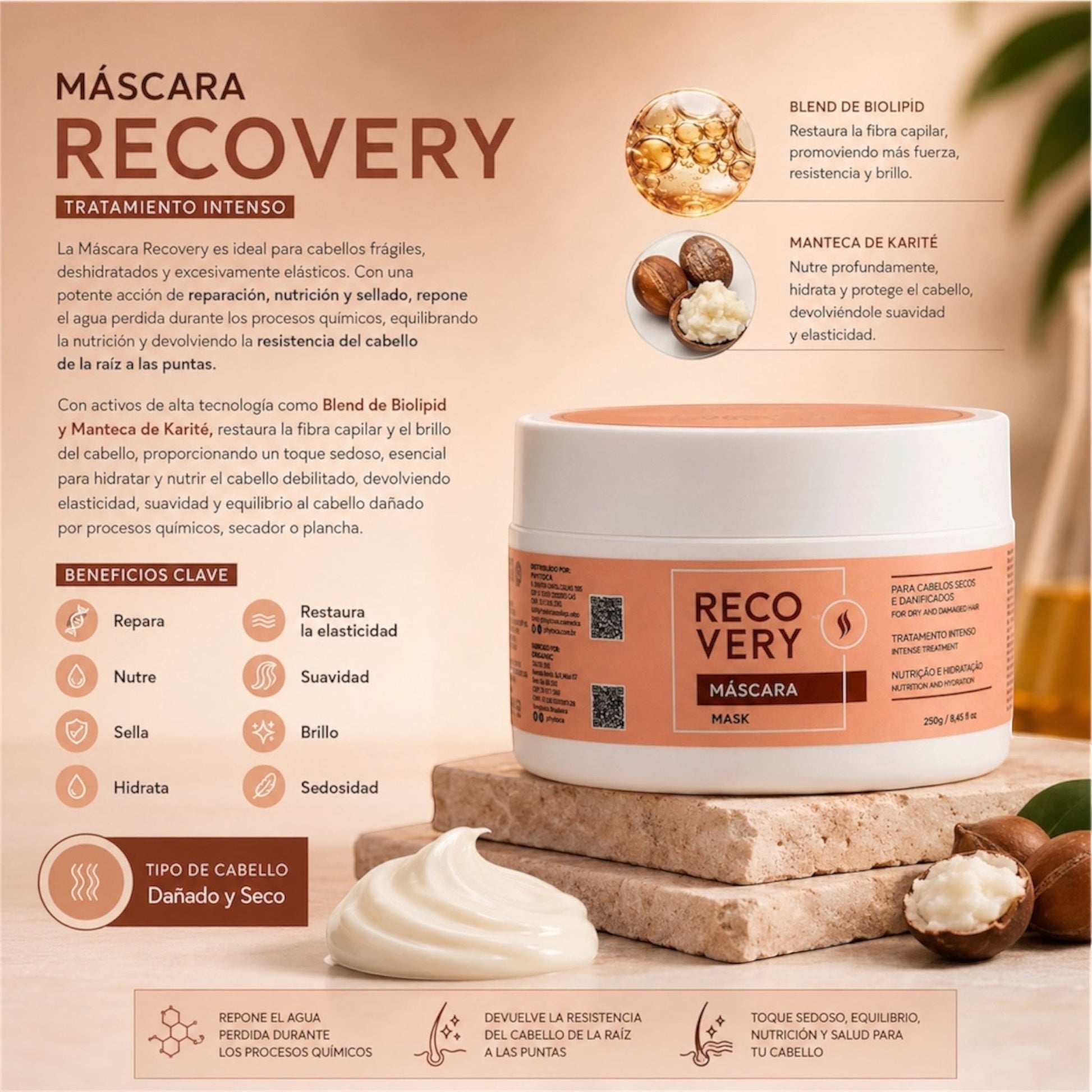 Mascarilla capilar Phytoca USA Recovery para cabello dañado y seco con manteca de karité y biolípidos