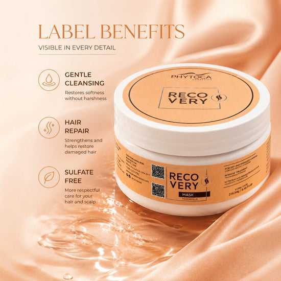 Mascarilla capilar Phytoca USA Recovery en tarro blanco sobre fondo de seda satinada con beneficios detallados