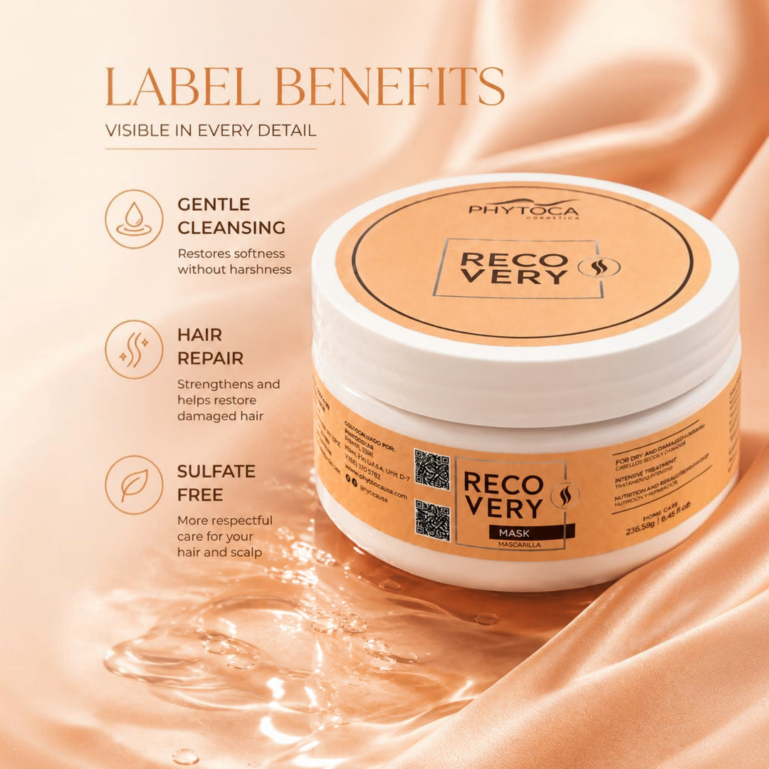Mascarilla capilar Phytoca USA Recovery en tarro blanco sobre fondo de seda satinada con beneficios detallados