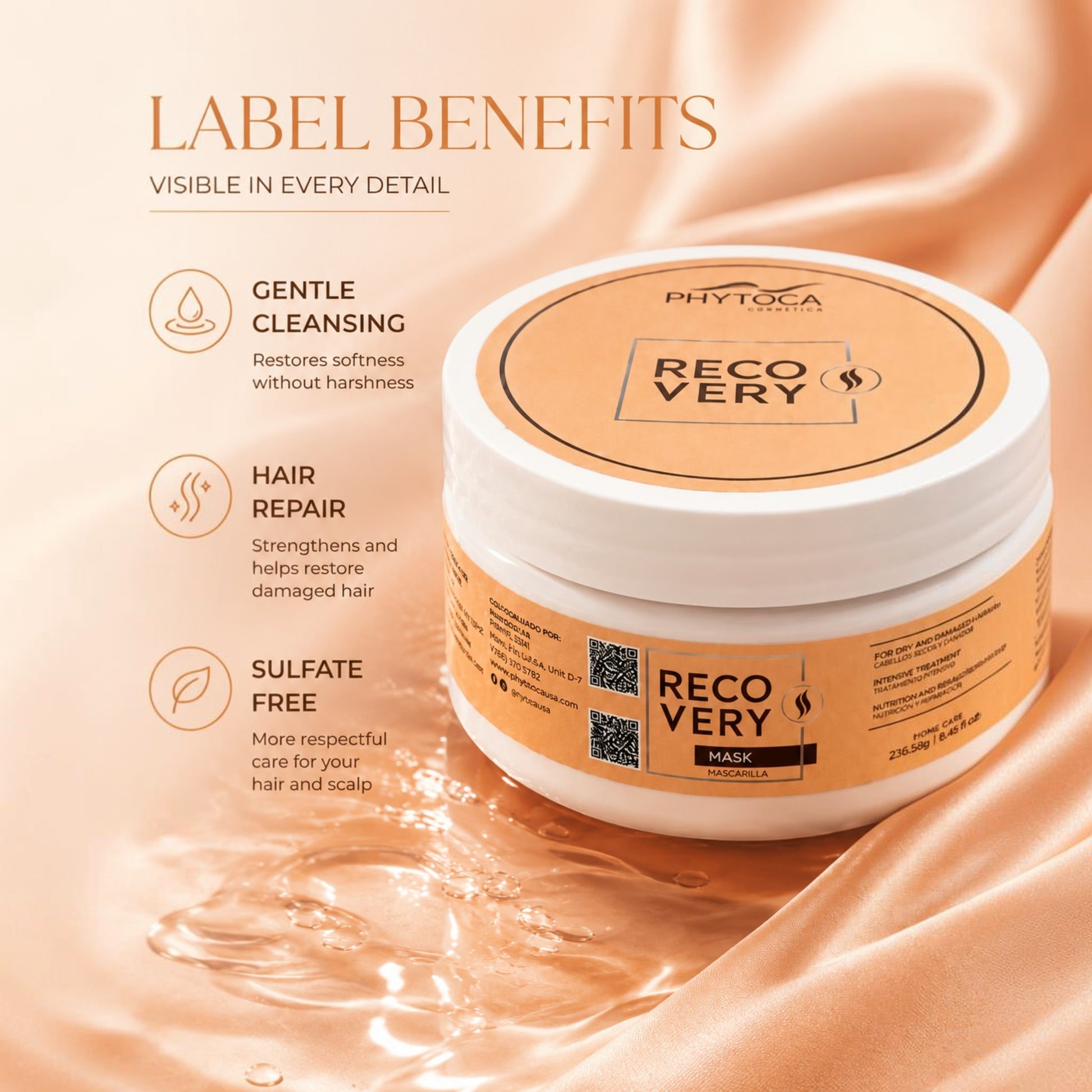 Mascarilla capilar Phytoca USA Recovery en tarro blanco sobre fondo de seda satinada con beneficios detallados