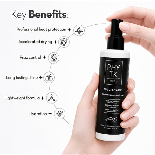 Spray protector térmico Phytoca USA Multicare en mano, mostrando beneficios como protección, brillo y control de frizz.