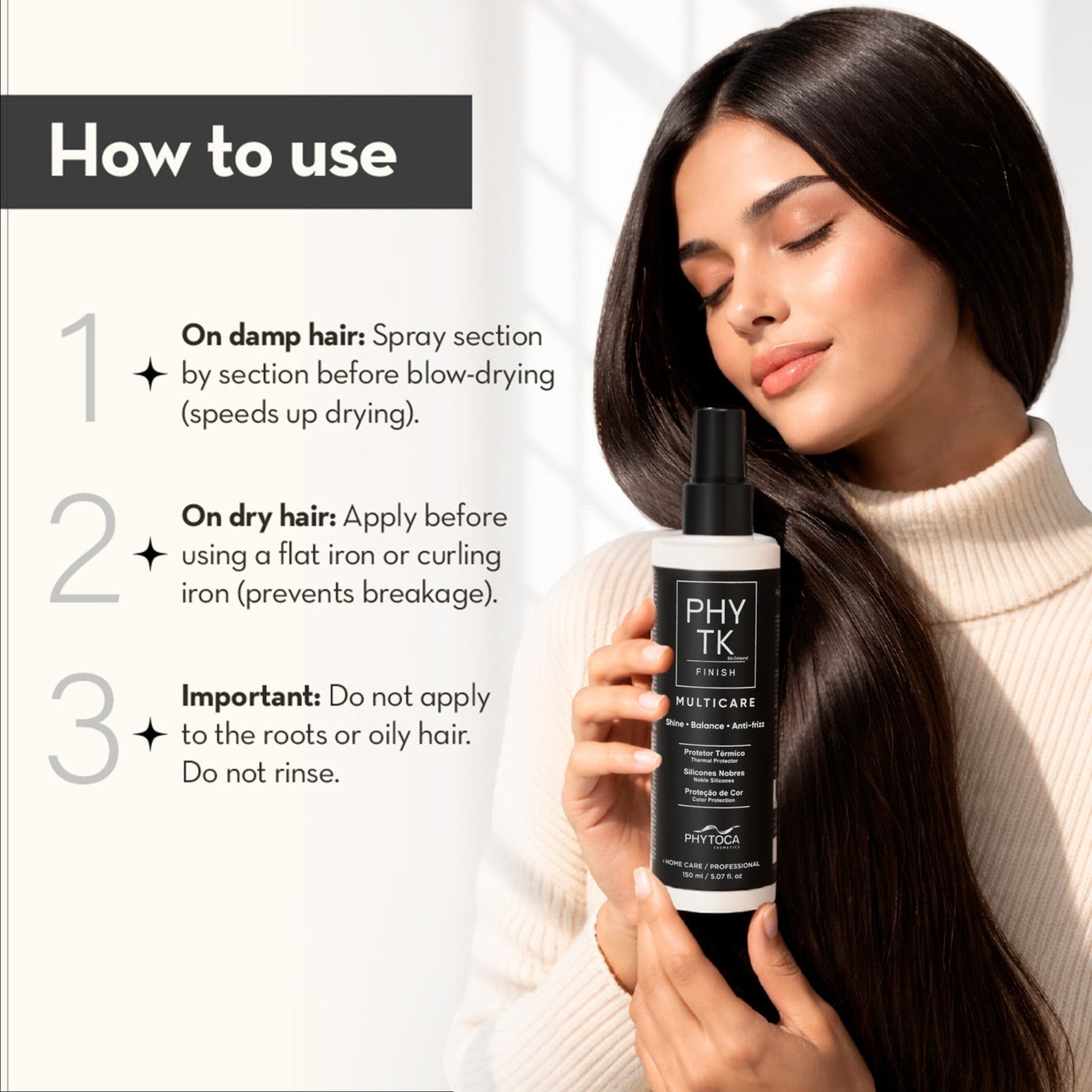 Mujer con cabello largo y brillante sosteniendo el spray protector térmico Multicare de Phytoca USA