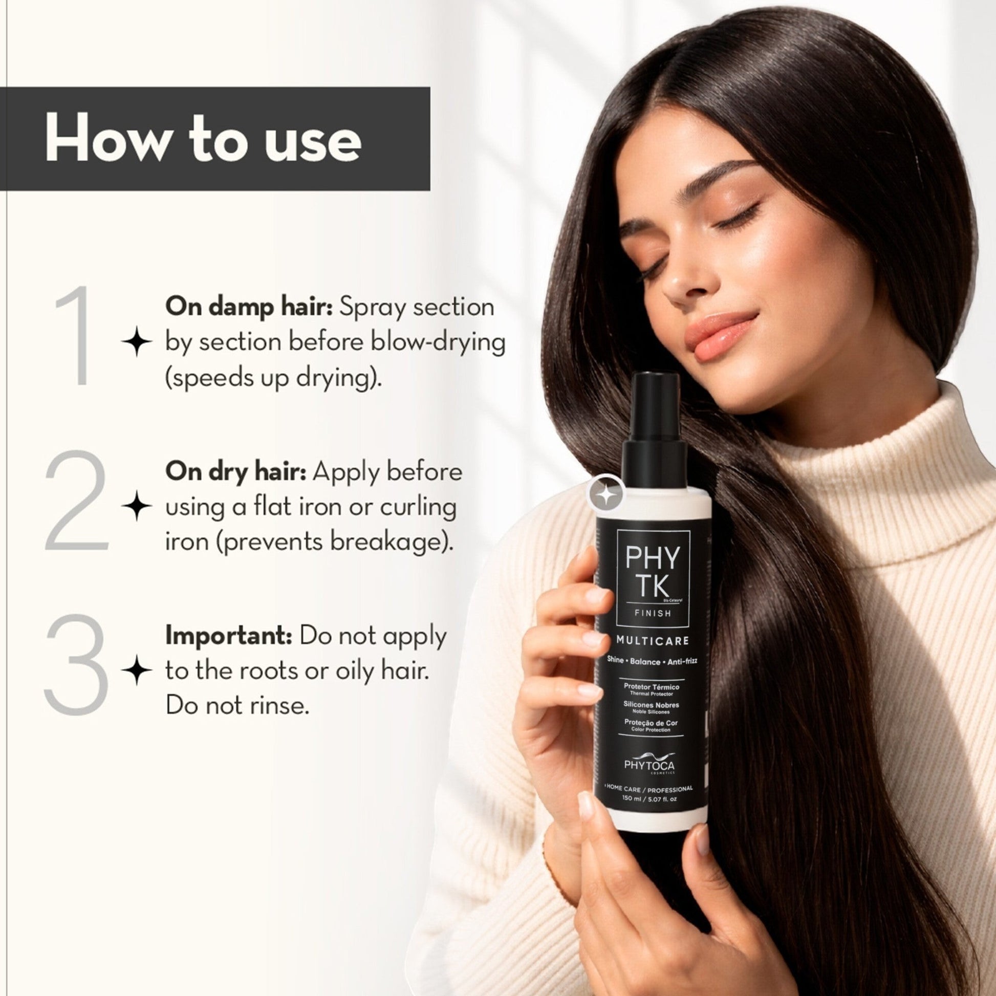 Mujer con cabello largo y brillante sosteniendo el spray protector térmico Multicare de Phytoca USA