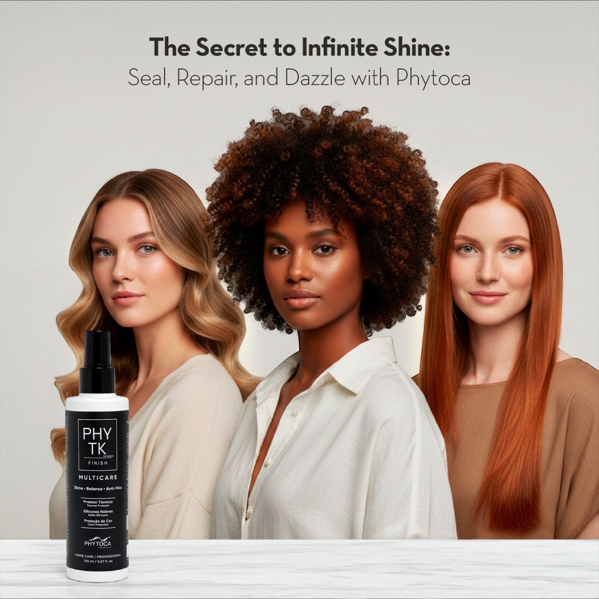 Spray protector térmico Phytoca USA Multicare junto a tres modelos con cabello brillante, liso y rizado saludable