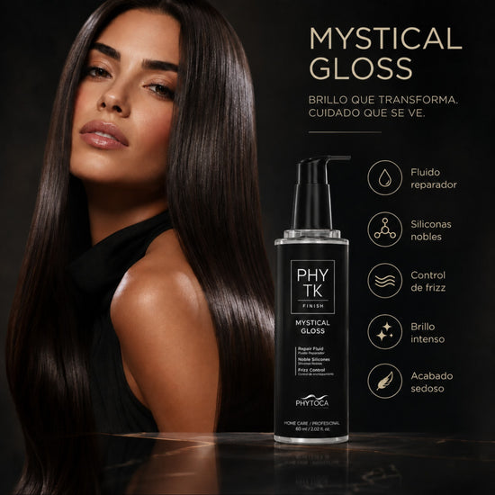 Modelo con cabello brillante y sedoso junto al serum capilar Phytoca USA Mystical Gloss en envase negro con dosificador